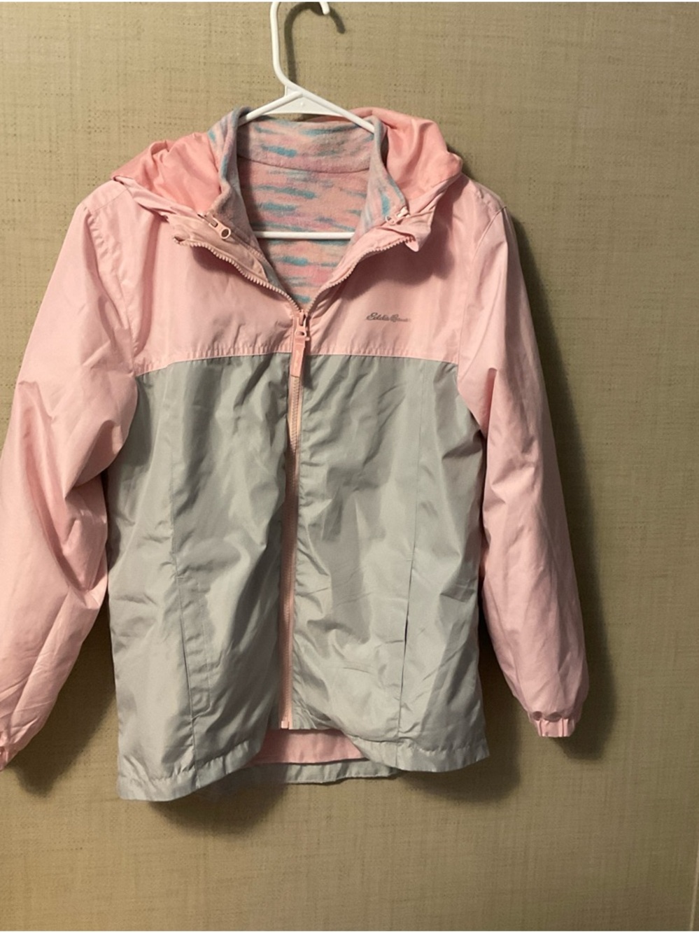 Eddie Bauer Two-Tone Pink and Gray Hooded Rain Jacket